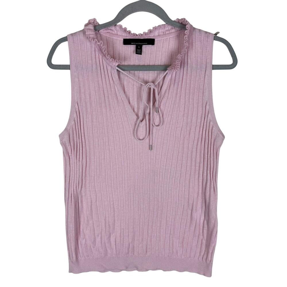 White House Black Market Sweater Women Large Pink Knitted Ruffle Tie Neck Ribbed